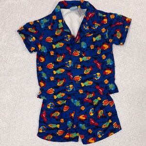 Vintage OP Colorful Fish Print Kids swim set terry lined top and trunks 12m